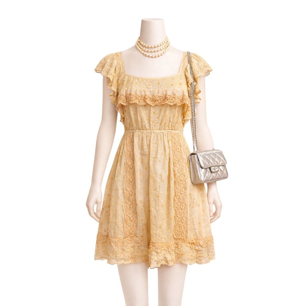 LoveShackFancy Yellow Lace-Trim Mini Dress‎ Cottagecore Flutter Sleeve S boho
